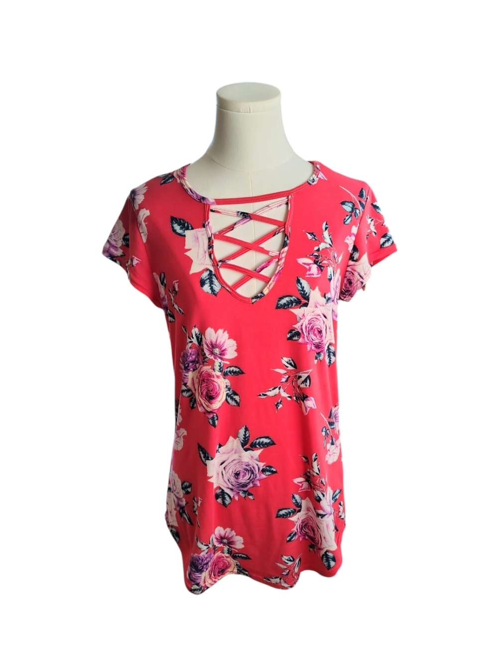 Vintage Eye Candy Deep Pink Red Floral Bodycon Crisscross Spandex Top Size Large